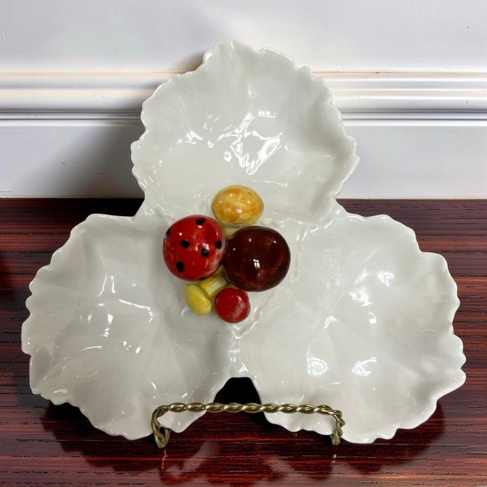 Vintage Pottery Serving Dish Platter w/ Mushroom Handle 3-Compartment Tray Italy